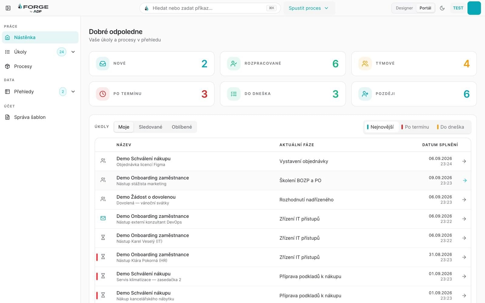 Nástěnka Portálu s přehledem úkolů podle stavu a termínu